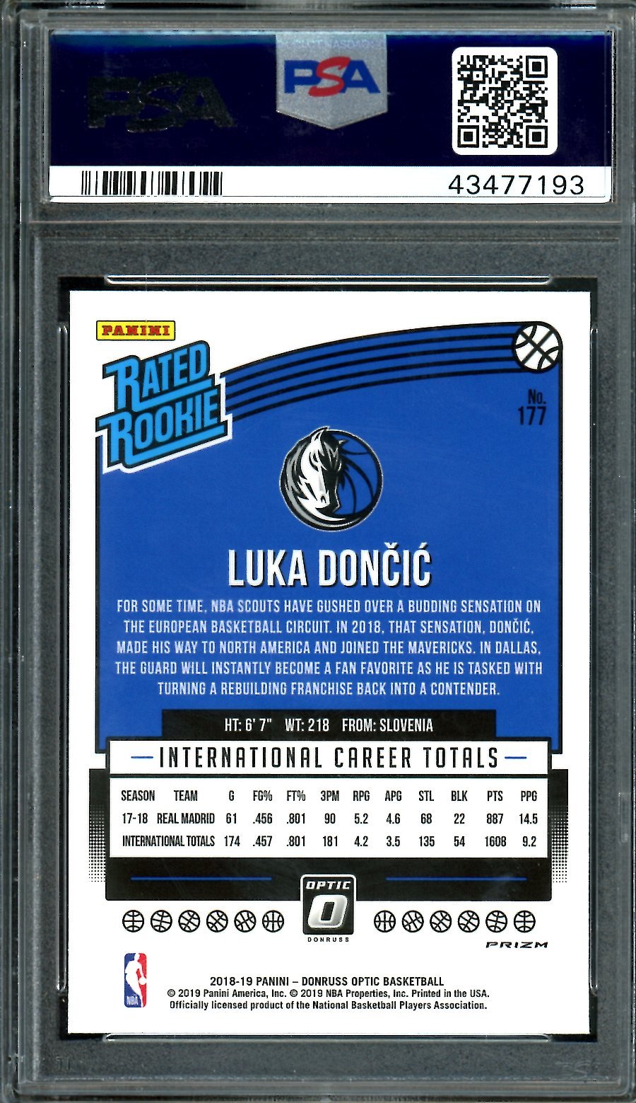 2018/19 Panini Optic Luka Doncic Rookie Holo PSA 10 Mavericks