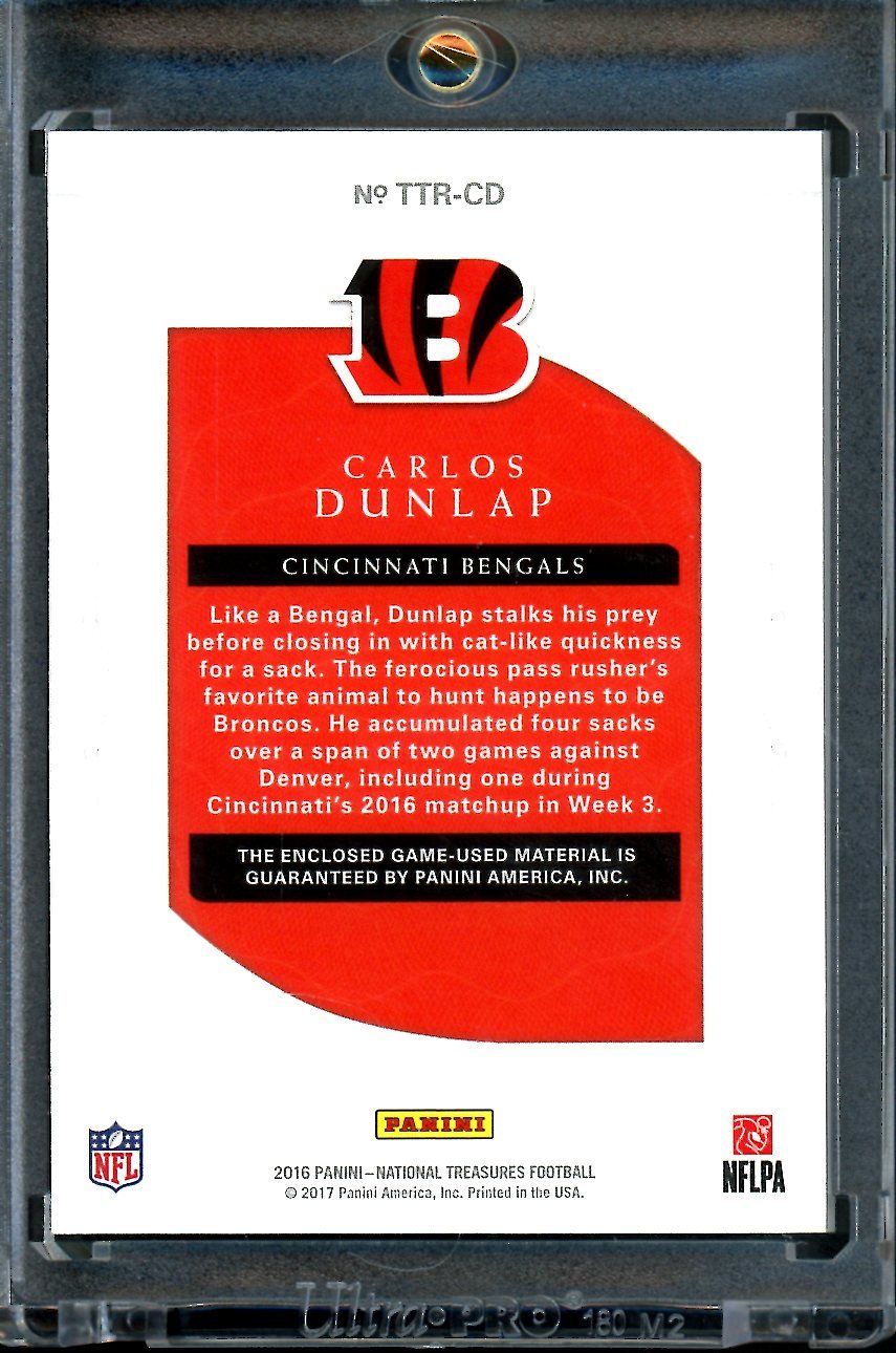 2016 Panini National Treasures Carlos Dunlap Tremendous Treasures NFL Shield Patch 1/1 Bengals