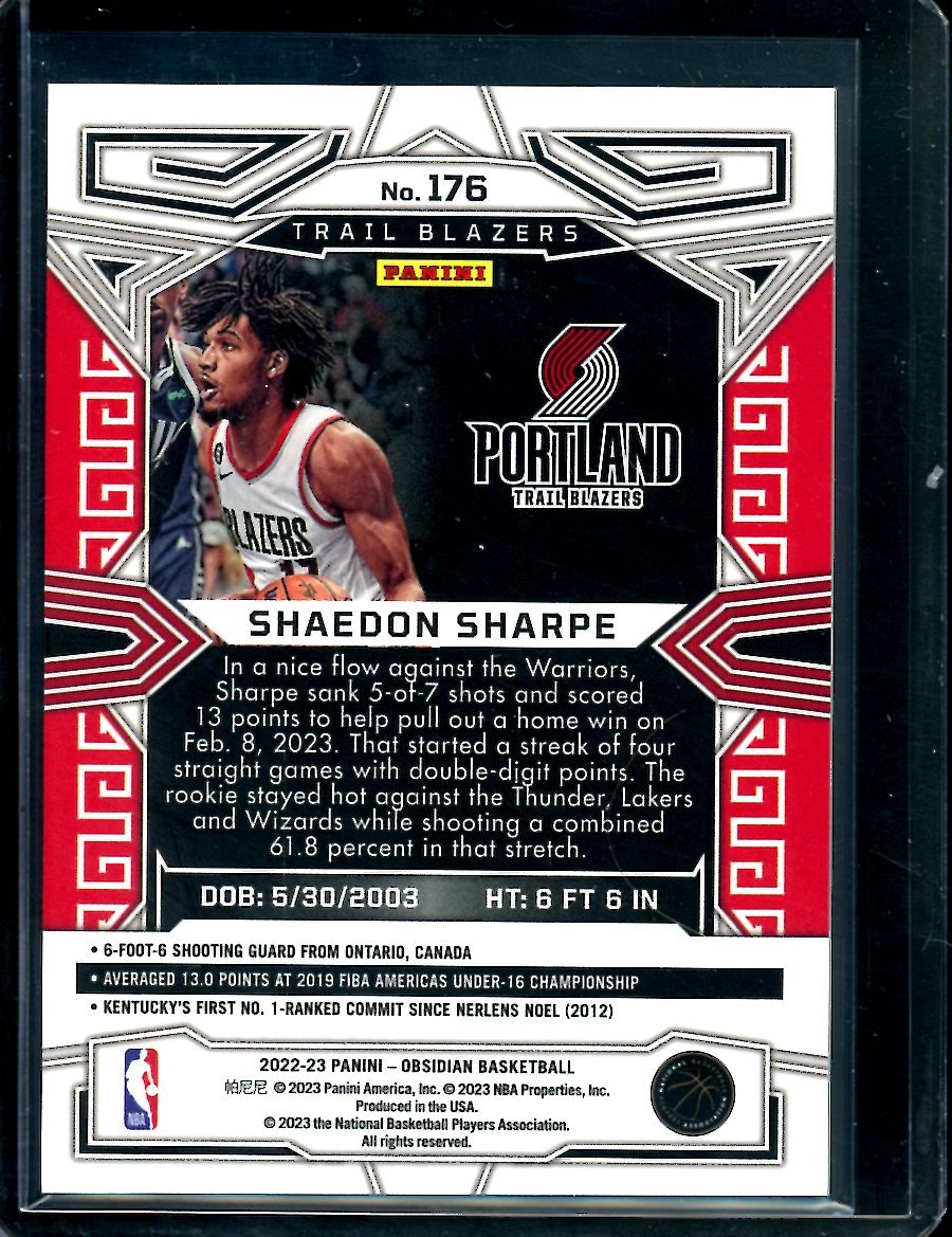 2022/23 Panini Obsidian Shaedon Sharpe Rookie Neon Etch Flood SSP Trailblazers