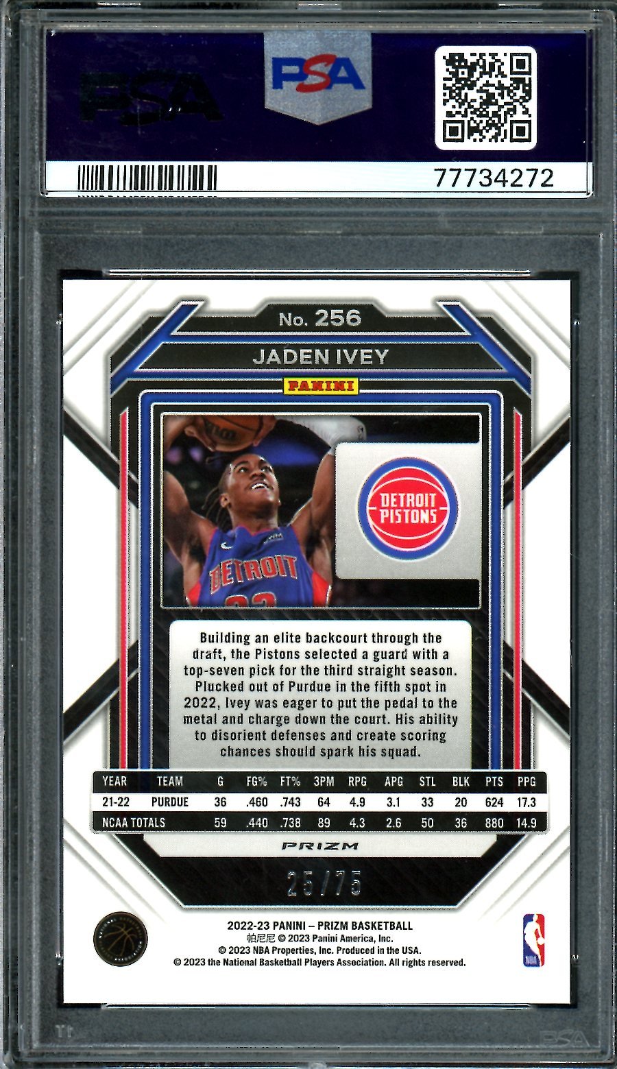 2022-23 Panini Prizm Jaden Ivey Rookie Purple Disco /75 PSA 10 Pistons