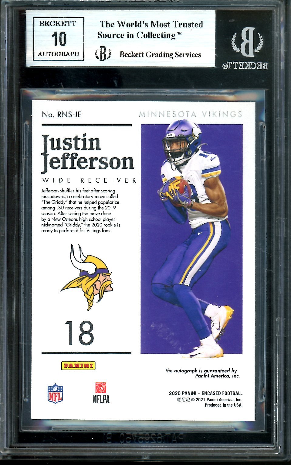 2020 Panini Encased Justin Jefferson Rookie Notable Signatures Auto /50 BGS 9 Vikings