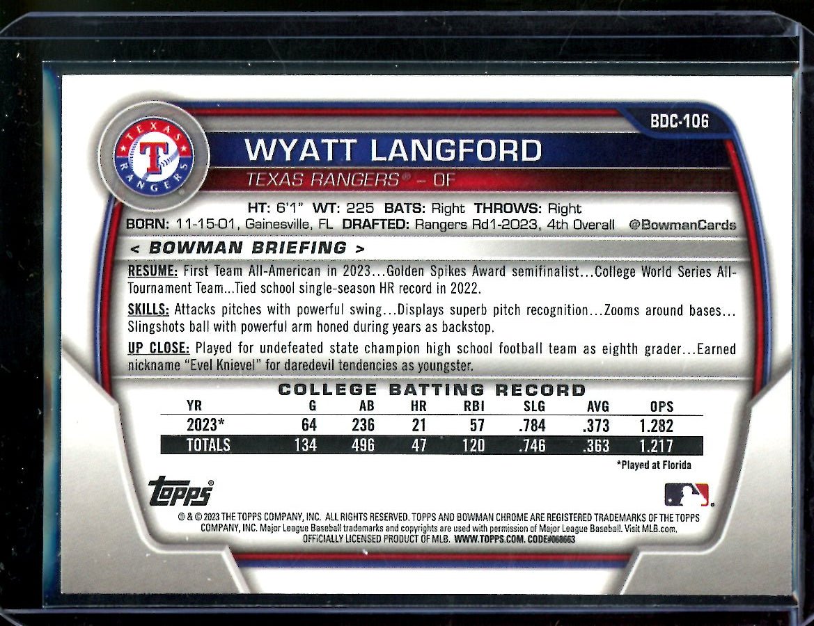 2023 Bowman Chrome Wyatt Langford 1st Bowman Yellow /75 Rangers