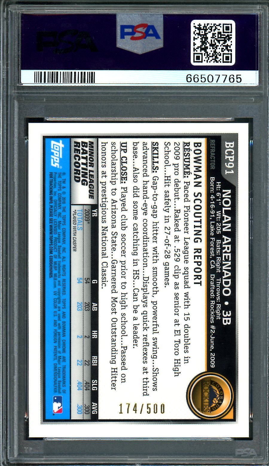 2010 Bowman Chrome Nolan Arenado 1st Bowman Refractor Auto /500 PSA 8 Cardinals