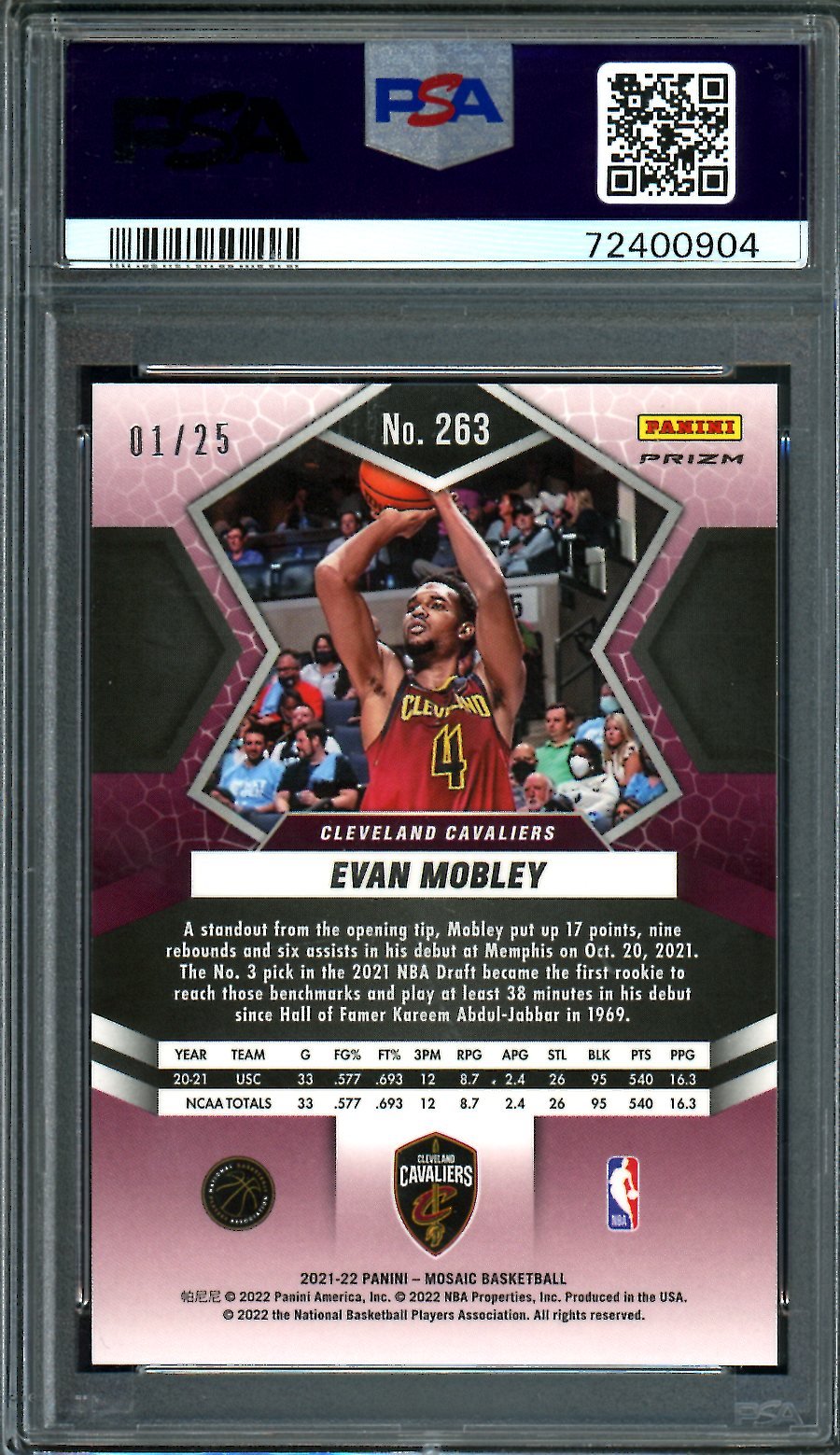 2021/22 Panini Mosaic Evan Mobley Rookie Debut White Mosaic /25 PSA 10 Cavaliers