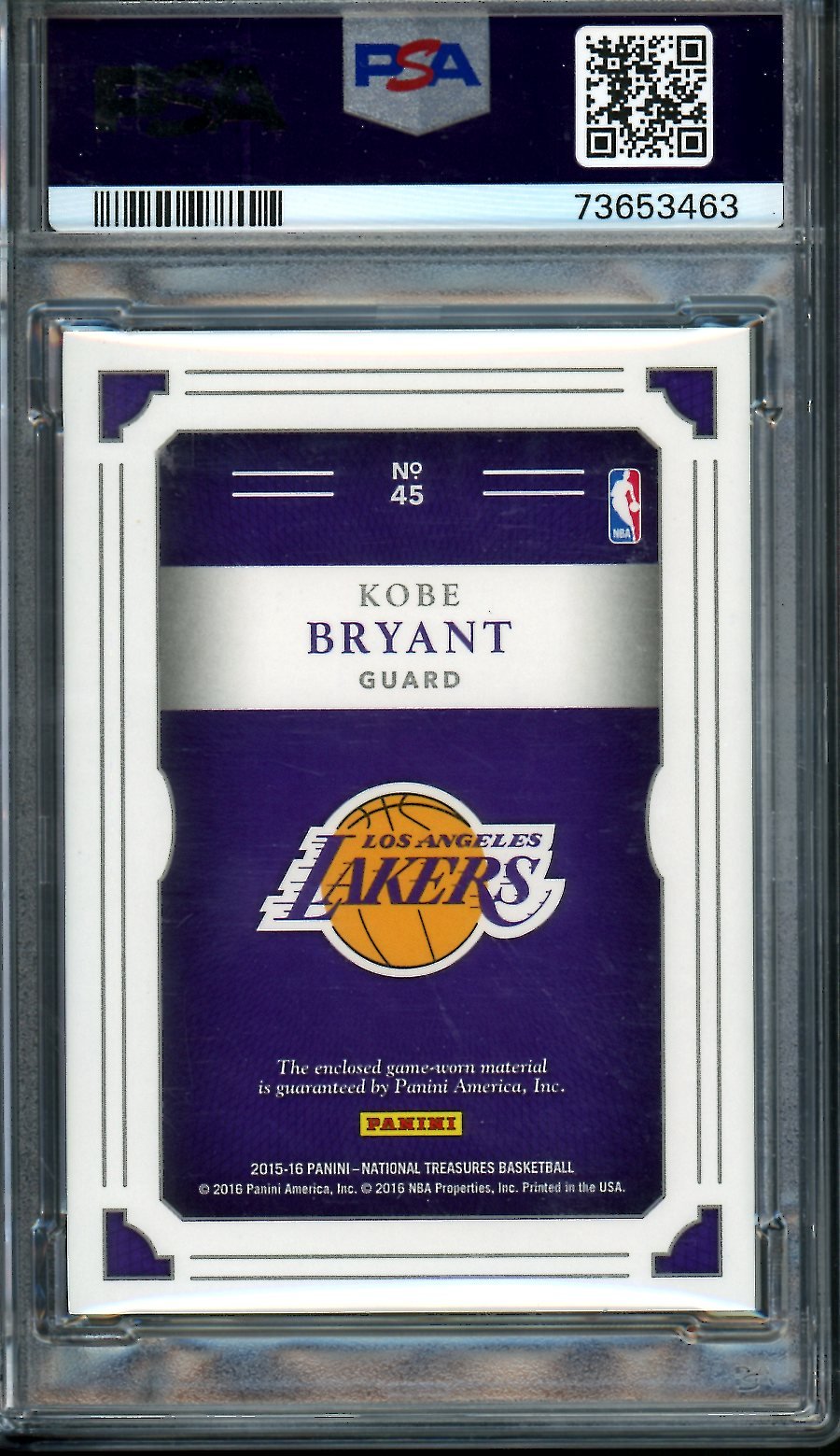 2015/16 National Treasures Kobe Bryant NBA Materials Game Used Patch /25 PSA 9 Lakers