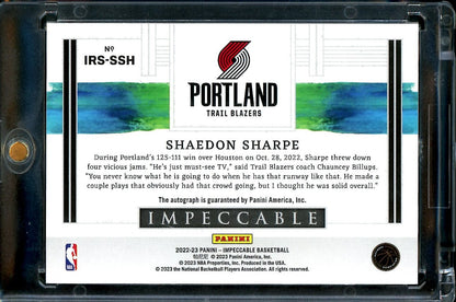 2022/23 Panini Impeccable Shaedon Sharpe Rookie Auto /25 Trailblazers