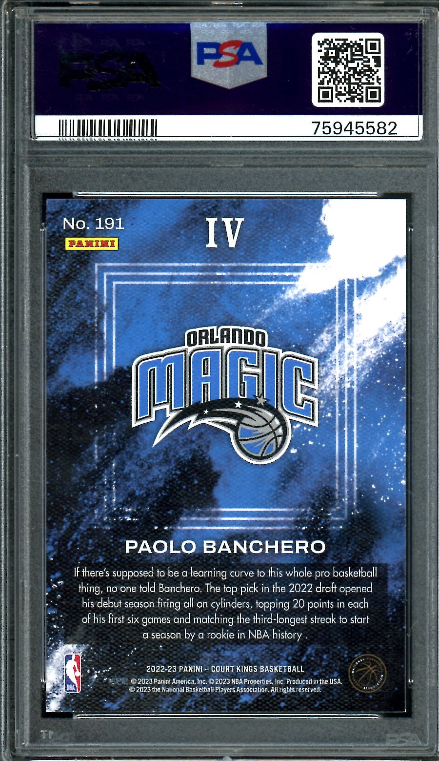 2022/23 Panini Court Kings Paolo Banchero Rookie Level 4 #191 PSA 9 Magic