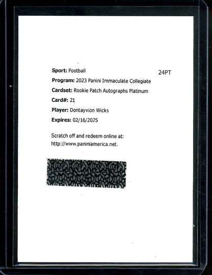 2023 Panini Immaculate Collgeiate Dontayvion Wicks Rookie RPA 1/1 Redemption Packers