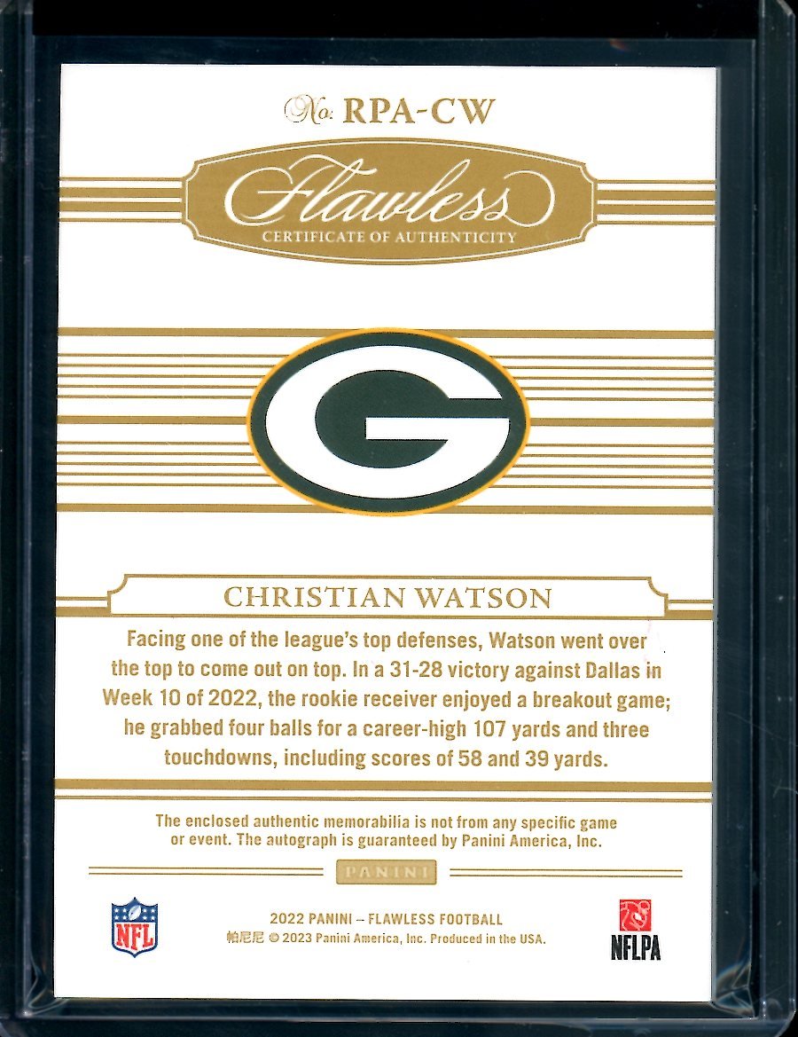 2022 Panini Flawless Christian Watson Rookie RPA Red /15 Packers