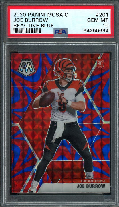 2020 Panini Mosaic Joe Burrow Rookie Reactive Blue PSA 10