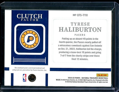 2022/23 Panini National Treasures Tyrese Haliburton Clutch Factor Patch Auto /49 Pacers
